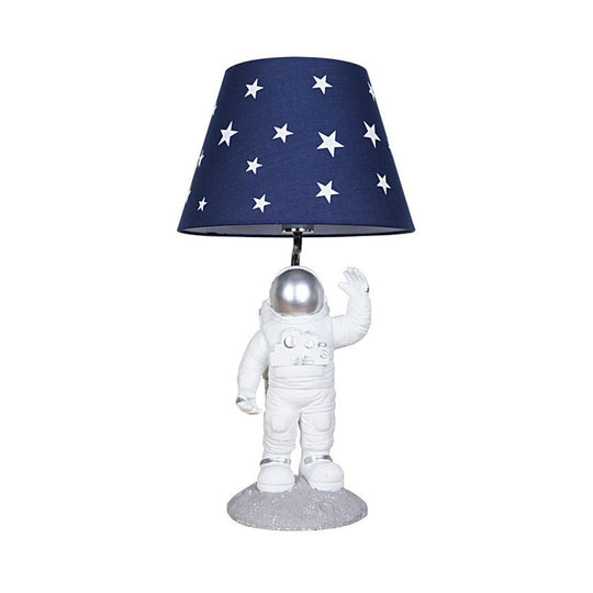 Blue Empire Shade Night Lamp - Kids Star Patterned Fabric Table Lighting with Carved Spaceman Base, 10"/13" Wide