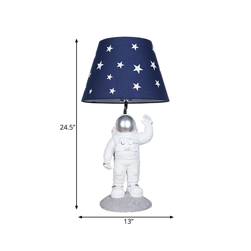 Blue Empire Shade Night Lamp - Kids Star Patterned Fabric Table Lighting with Carved Spaceman Base, 10"/13" Wide