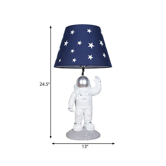 Blue Empire Shade Night Lamp - Kids Star Patterned Fabric Table Lighting with Carved Spaceman Base, 10"/13" Wide