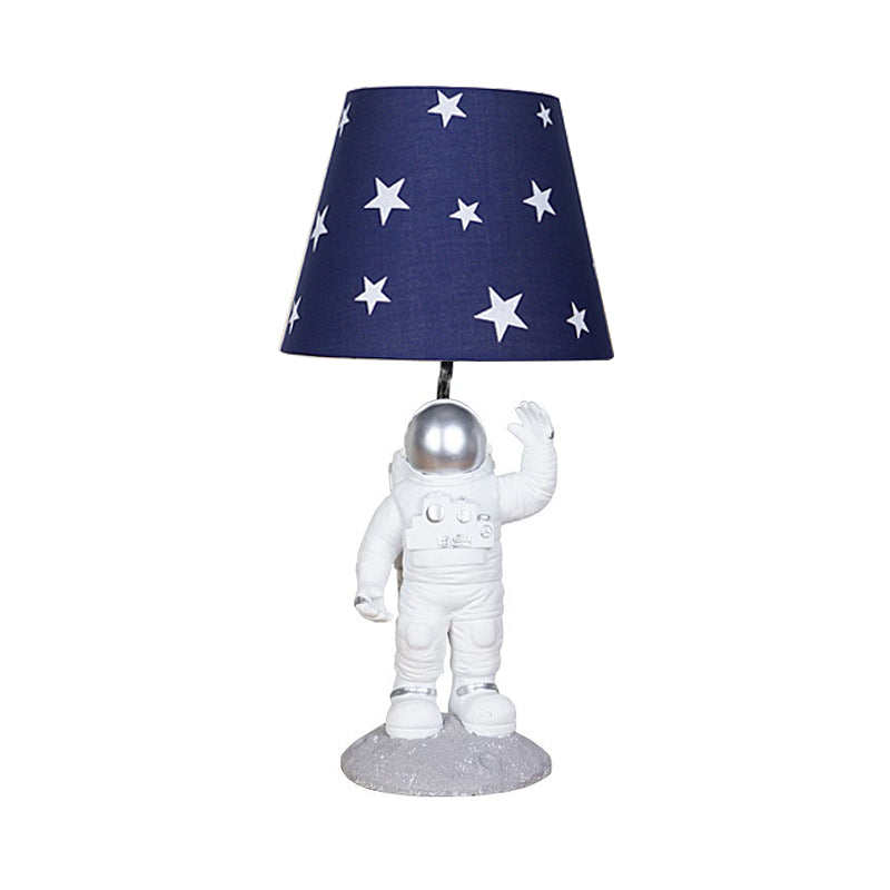 Blue Empire Shade Night Lamp - Kids Star Patterned Fabric Table Lighting with Carved Spaceman Base, 10"/13" Wide