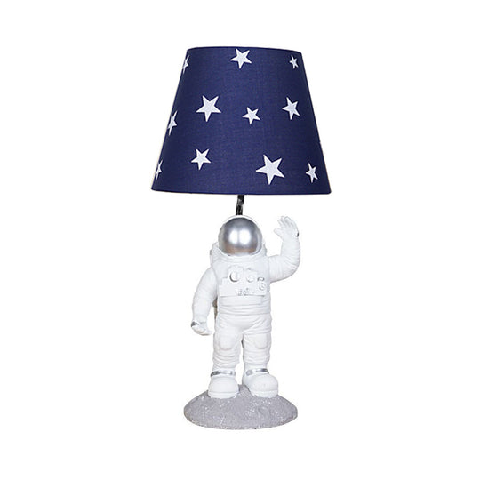 Blue Empire Shade Night Lamp - Kids Star Patterned Fabric Table Lighting with Carved Spaceman Base, 10"/13" Wide