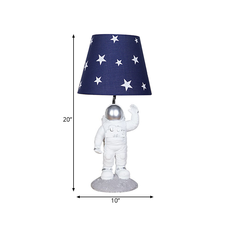 Blue Empire Shade Night Lamp - Kids Star Patterned Fabric Table Lighting with Carved Spaceman Base, 10"/13" Wide