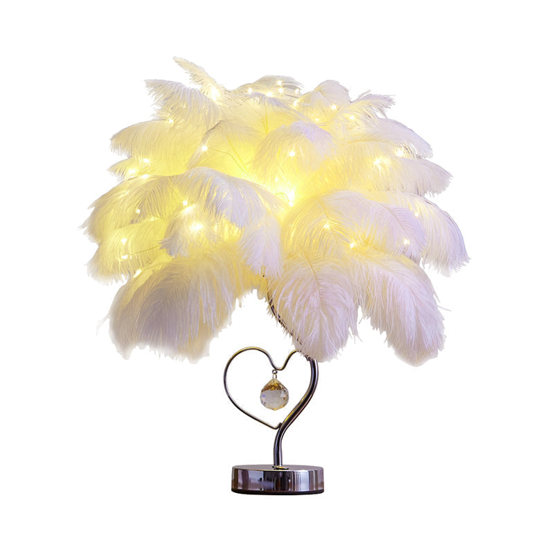 Modern Romantic Pink/White LED Nightstand Lamp with K9 Crystal Drop - Palm Tree Feather Table Lighting