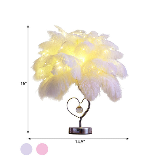 Modern Romantic Pink/White LED Nightstand Lamp with K9 Crystal Drop - Palm Tree Feather Table Lighting
