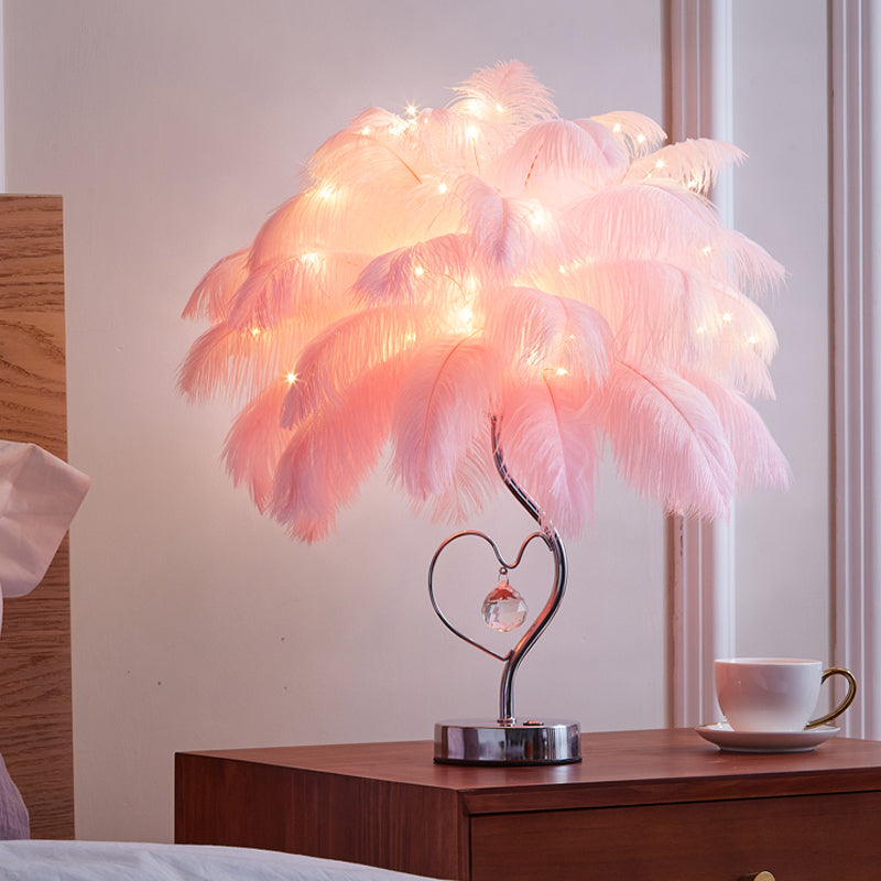 Modern Romantic Pink/White LED Nightstand Lamp with K9 Crystal Drop - Palm Tree Feather Table Lighting
