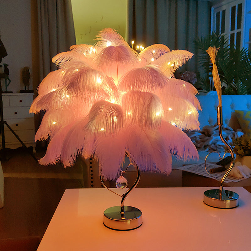 Modern Romantic Pink/White LED Nightstand Lamp with K9 Crystal Drop - Palm Tree Feather Table Lighting
