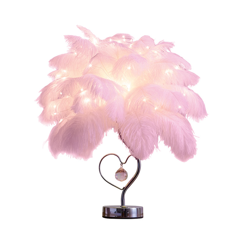 Modern Romantic Pink/White LED Nightstand Lamp with K9 Crystal Drop - Palm Tree Feather Table Lighting
