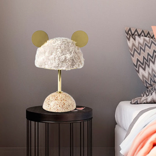 Plush Fabric Bear Table Lamp - Kids Style - Pink/Dark Green/Light Pink - Dome Terrazzo Base - Nightstand Light - 1 Bulb