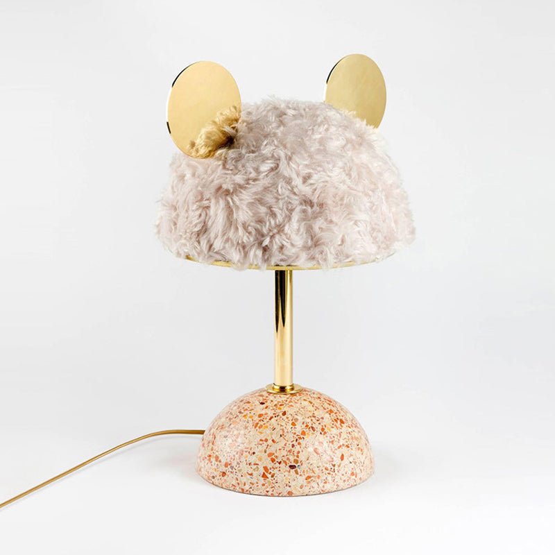 Plush Fabric Bear Table Lamp - Kids Style - Pink/Dark Green/Light Pink - Dome Terrazzo Base - Nightstand Light - 1 Bulb