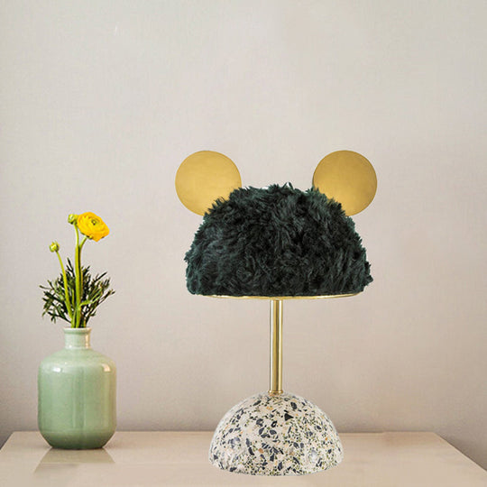 Plush Fabric Bear Table Lamp - Kids Style - Pink/Dark Green/Light Pink - Dome Terrazzo Base - Nightstand Light - 1 Bulb