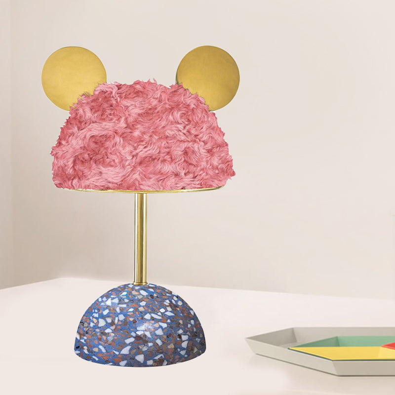 Plush Fabric Bear Table Lamp - Kids Style - Pink/Dark Green/Light Pink - Dome Terrazzo Base - Nightstand Light - 1 Bulb