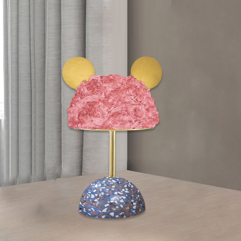 Plush Fabric Bear Table Lamp - Kids Style - Pink/Dark Green/Light Pink - Dome Terrazzo Base - Nightstand Light - 1 Bulb