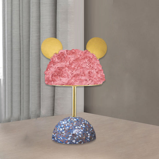 Plush Fabric Bear Table Lamp - Kids Style - Pink/Dark Green/Light Pink - Dome Terrazzo Base - Nightstand Light - 1 Bulb
