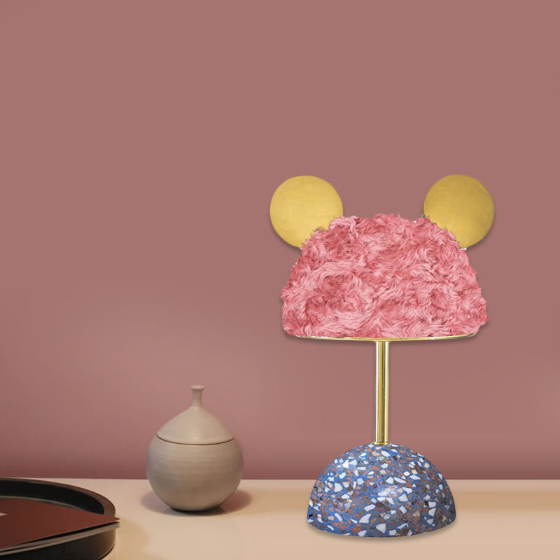 Plush Fabric Bear Table Lamp - Kids Style - Pink/Dark Green/Light Pink - Dome Terrazzo Base - Nightstand Light - 1 Bulb