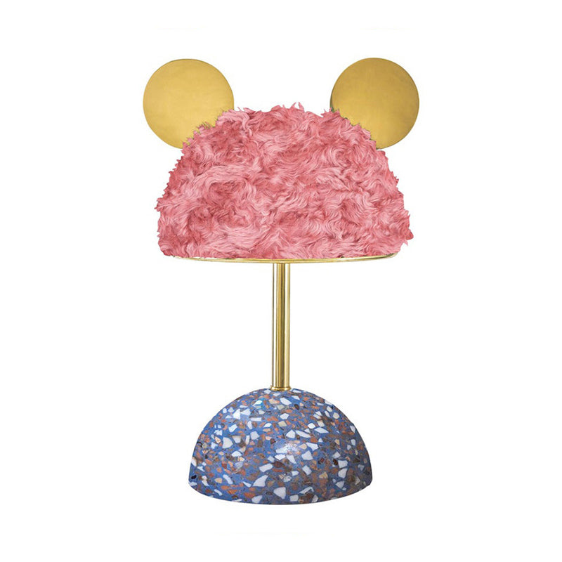 Plush Fabric Bear Table Lamp - Kids Style - Pink/Dark Green/Light Pink - Dome Terrazzo Base - Nightstand Light - 1 Bulb