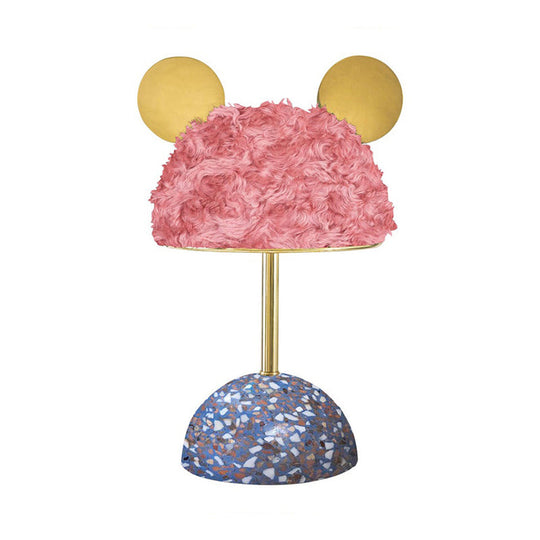 Plush Fabric Bear Table Lamp - Kids Style - Pink/Dark Green/Light Pink - Dome Terrazzo Base - Nightstand Light - 1 Bulb