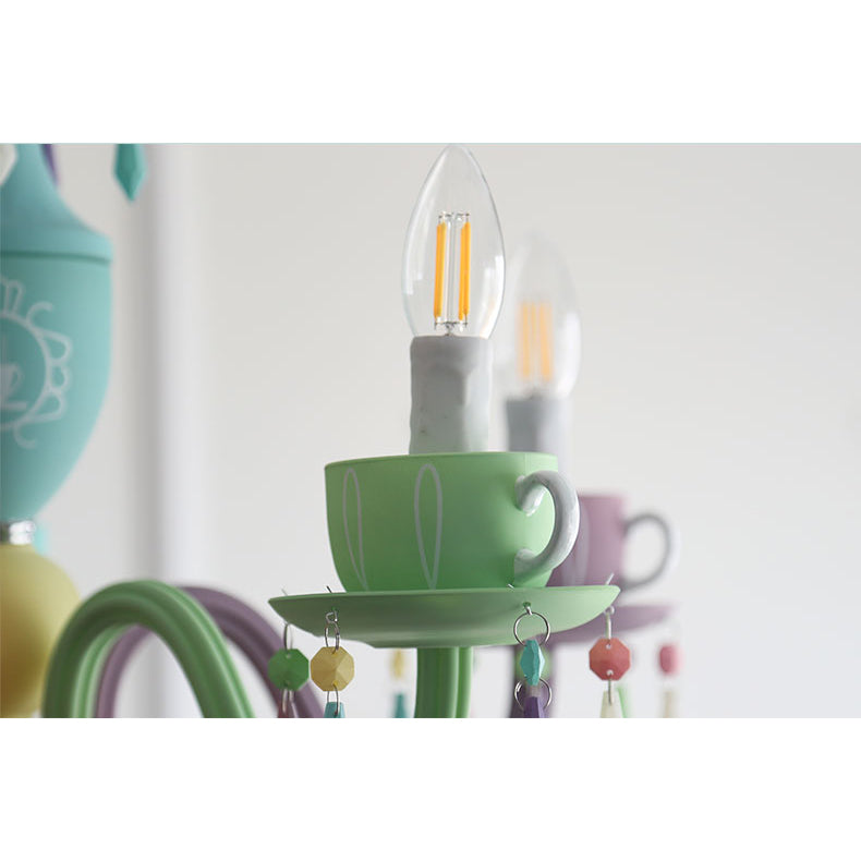 Modern Multicolor Glass Candle Hanging Light Chandelier with Cup Decoration for Kindergarten