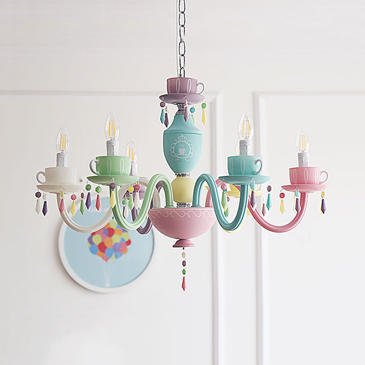 Modern Multicolor Glass Candle Hanging Light Chandelier with Cup Decoration for Kindergarten