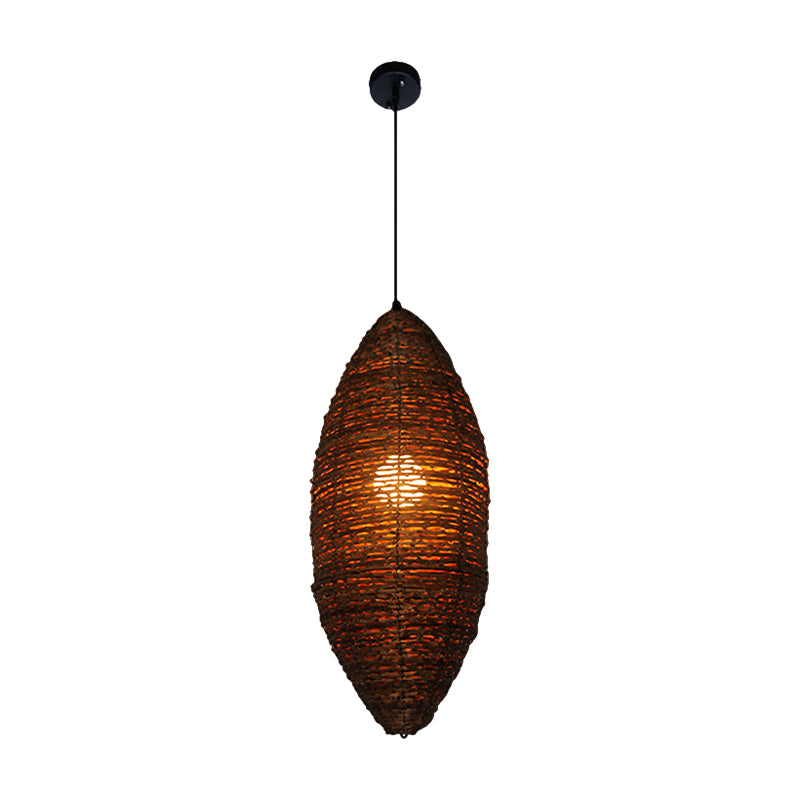 Modern Rattan Pendant Light with Coffee Finish - Single Bulb Suspension Lamp in Cocoon Shape