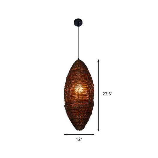 Modern Rattan Pendant Light with Coffee Finish - Single Bulb Suspension Lamp in Cocoon Shape