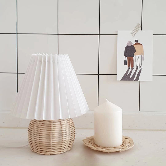 Bamboo Rattan Table Light - Modernist Design, 1 Bulb White Night Lamp with Pleated Shade