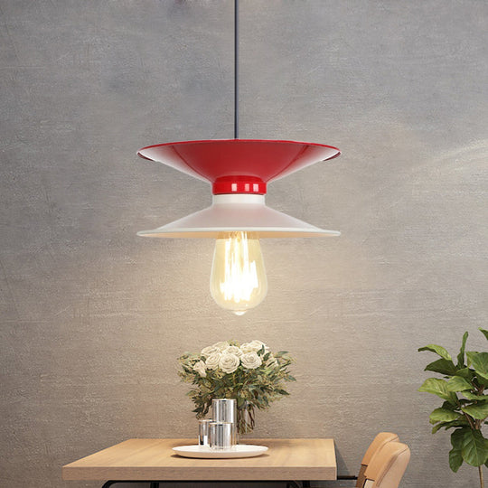 Modern Metal Double Saucer Ceiling Pendant Lamp, White and Red, 1-Bulb Hang Fixture