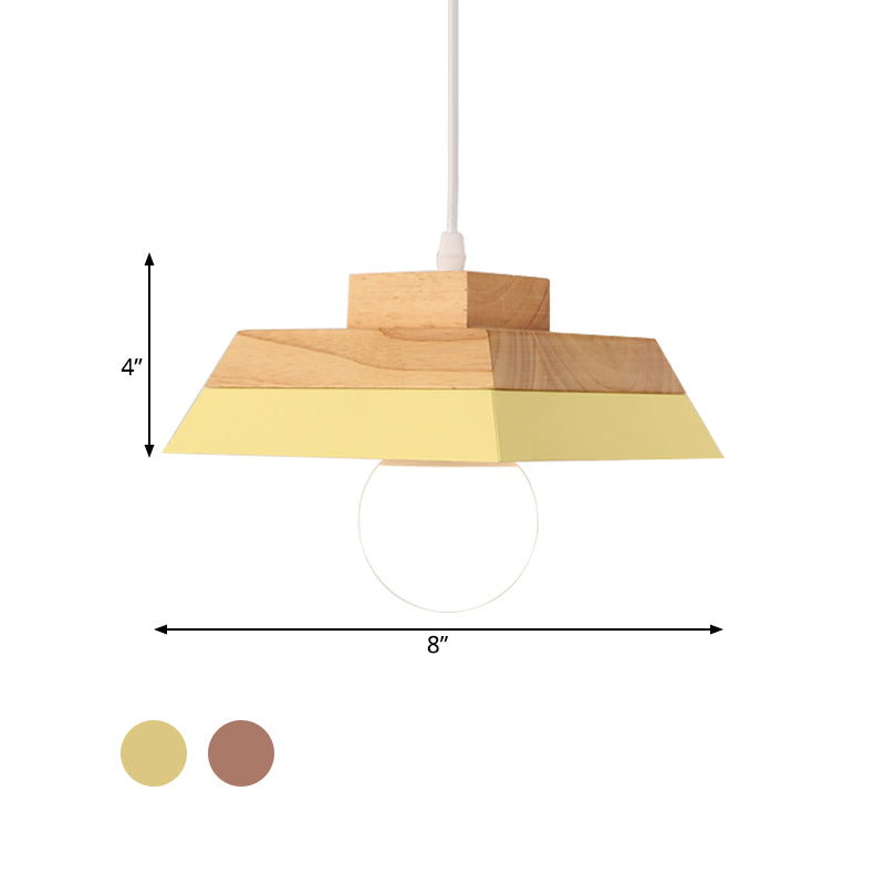 Modern Yellow/Pink and Wood Living Room Pendant Light with Geometric Metal Shade