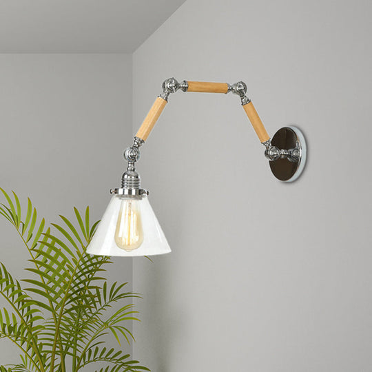 1 Bulb Industrial Cone Wall Light Fixture with Clear Glass and Chrome Finish - Ideal for Living Room