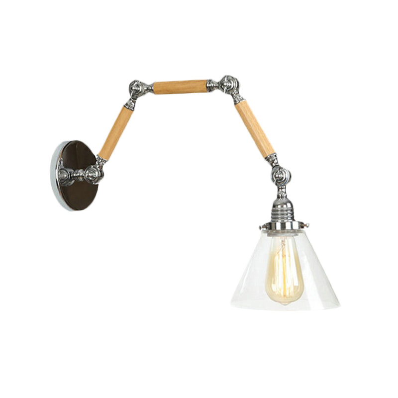 1 Bulb Industrial Cone Wall Light Fixture with Clear Glass and Chrome Finish - Ideal for Living Room
