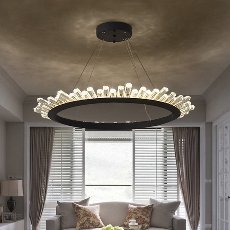 Modern Black/Gold Ring Pendant Chandelier with Crystal Accents - LED Pendant Light in White/Warm, Living Room Fixture - 19.5"/23.5" Wide