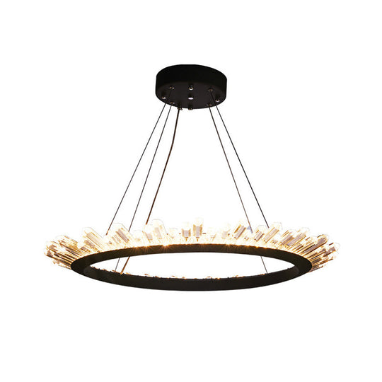 Modern Black/Gold Ring Pendant Chandelier with Crystal Accents - LED Pendant Light in White/Warm, Living Room Fixture - 19.5"/23.5" Wide