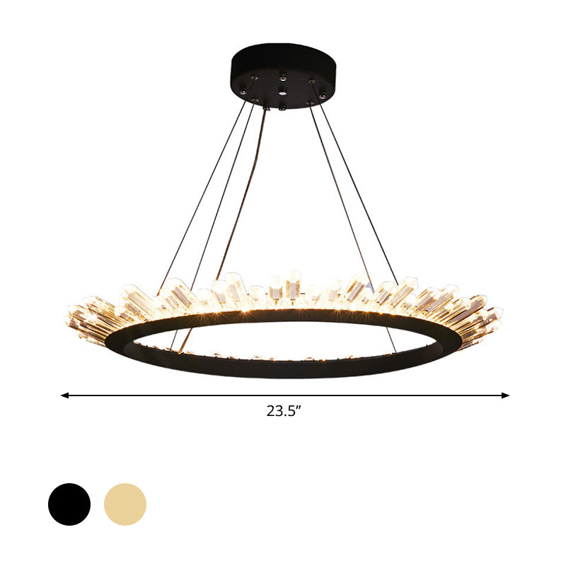 Modern Black/Gold Ring Pendant Chandelier with Crystal Accents - LED Pendant Light in White/Warm, Living Room Fixture - 19.5"/23.5" Wide