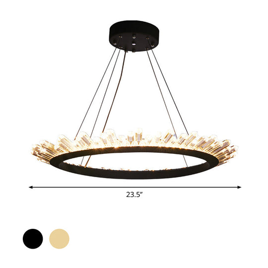 Modern Black/Gold Ring Pendant Chandelier with Crystal Accents - LED Pendant Light in White/Warm, Living Room Fixture - 19.5"/23.5" Wide