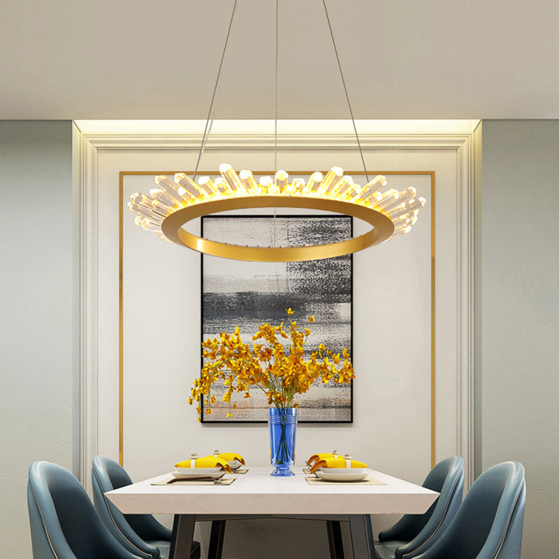 Modern Black/Gold Ring Pendant Chandelier with Crystal Accents - LED Pendant Light in White/Warm, Living Room Fixture - 19.5"/23.5" Wide