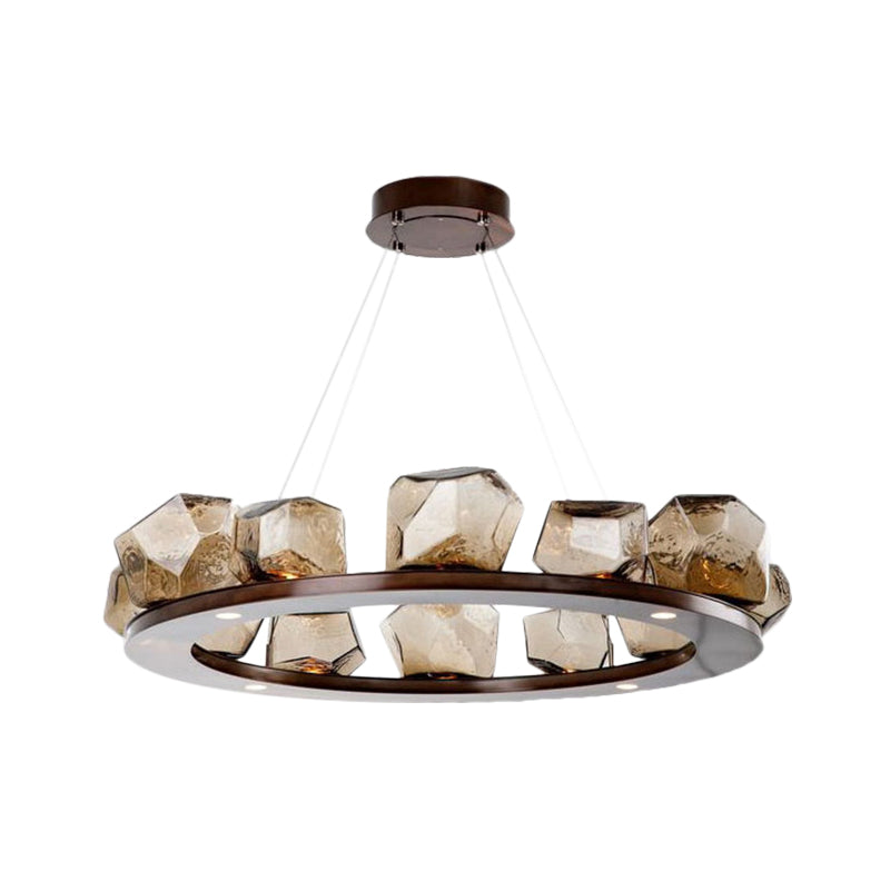 Modernist Amber Glass Chandelier Pendant Light with Multi Lights and LED, Brown Hanging Design