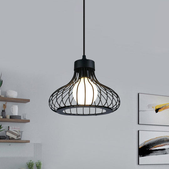 Retro Black Metal Pendant Light with Wire Cage: Ideal Kitchen Lighting