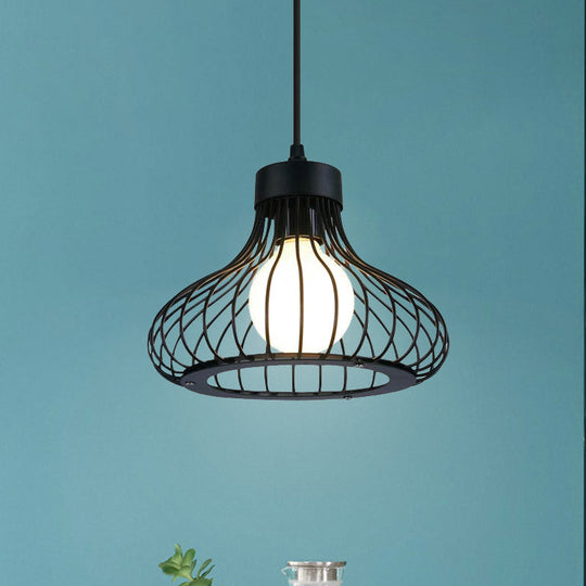 Retro Black Metal Pendant Light with Wire Cage: Ideal Kitchen Lighting