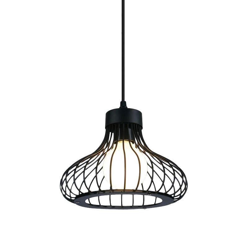 Retro Black Metal Pendant Light with Wire Cage: Ideal Kitchen Lighting