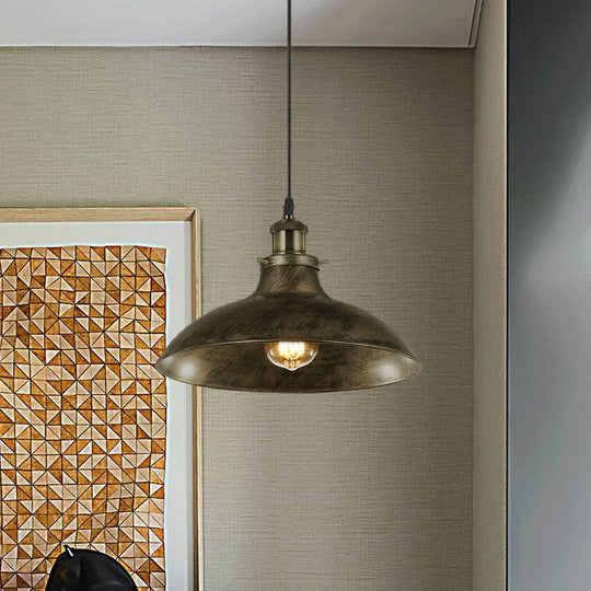 Vintage Bowl Pendant Lamp - 12" / 14" W 1-Light Wrought Iron Hanging Fixture - Black/Grey - Plug-in Cord