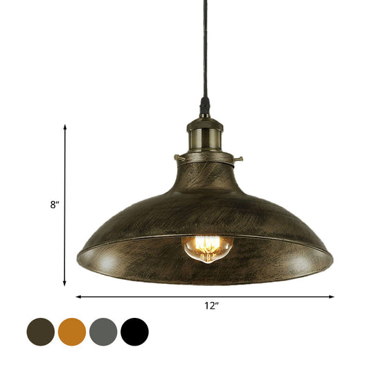 Vintage Bowl Pendant Lamp - 12" / 14" W 1-Light Wrought Iron Hanging Fixture - Black/Grey - Plug-in Cord