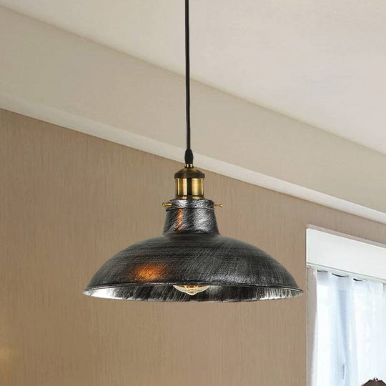 Vintage Bowl Pendant Lamp - 12" / 14" W 1-Light Wrought Iron Hanging Fixture - Black/Grey - Plug-in Cord