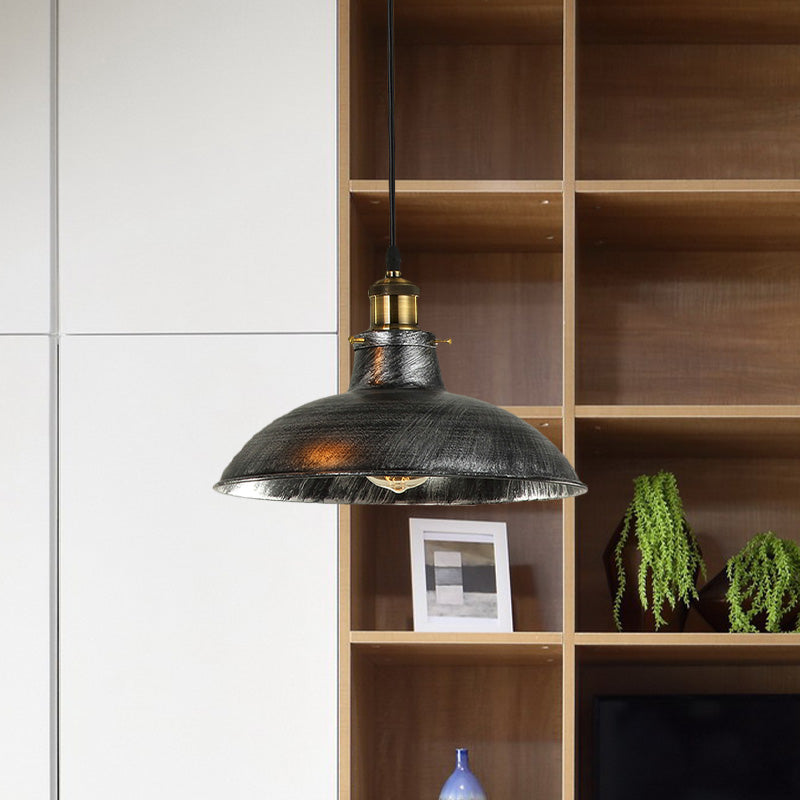 Vintage Bowl Pendant Lamp - 12" / 14" W 1-Light Wrought Iron Hanging Fixture - Black/Grey - Plug-in Cord