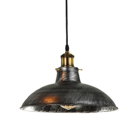 Vintage Bowl Pendant Lamp - 12" / 14" W 1-Light Wrought Iron Hanging Fixture - Black/Grey - Plug-in Cord