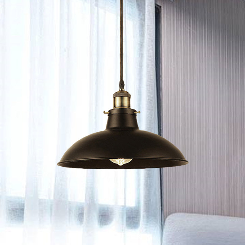 Vintage Bowl Pendant Lamp - 12" / 14" W 1-Light Wrought Iron Hanging Fixture - Black/Grey - Plug-in Cord