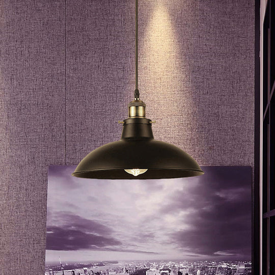 Vintage Bowl Pendant Lamp - 12" / 14" W 1-Light Wrought Iron Hanging Fixture - Black/Grey - Plug-in Cord