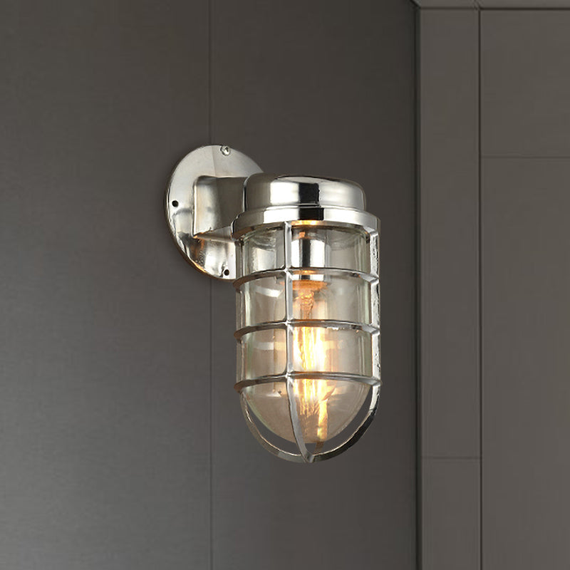 Coastal Caged Wall Lighting Fixture - Clear Glass Sconce Light for Kitchen - Brass/Copper/Chrome Finish