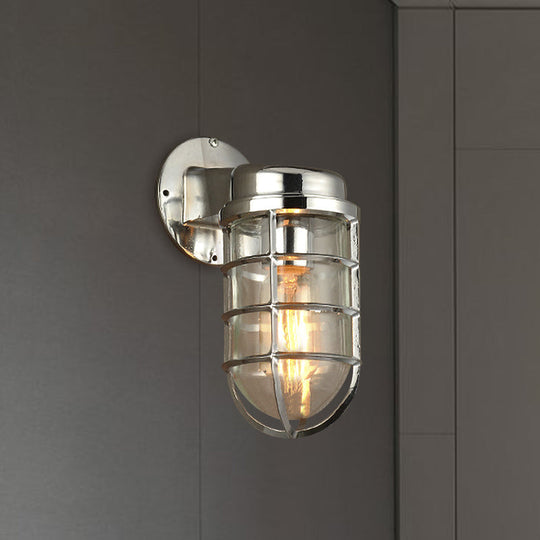 Coastal Caged Wall Lighting Fixture - Clear Glass Sconce Light for Kitchen - Brass/Copper/Chrome Finish