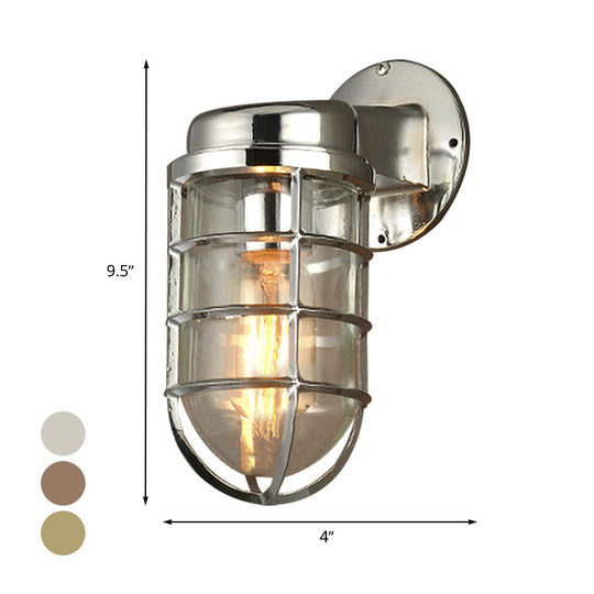 Coastal Caged Wall Lighting Fixture - Clear Glass Sconce Light for Kitchen - Brass/Copper/Chrome Finish