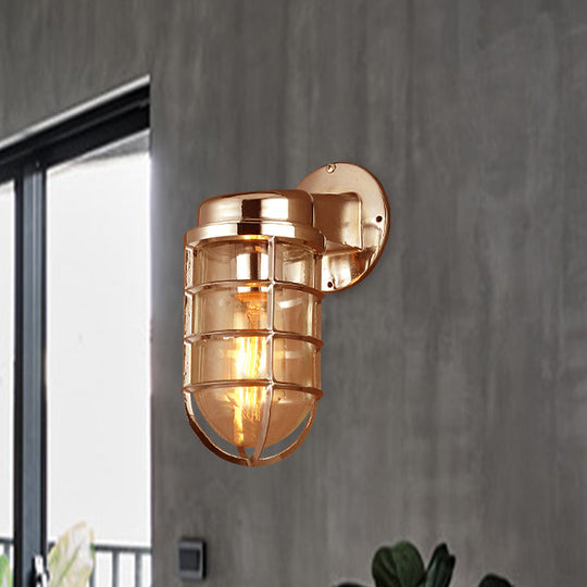 Coastal Caged Wall Lighting Fixture - Clear Glass Sconce Light for Kitchen - Brass/Copper/Chrome Finish