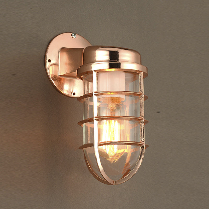 Coastal Caged Wall Lighting Fixture - Clear Glass Sconce Light for Kitchen - Brass/Copper/Chrome Finish